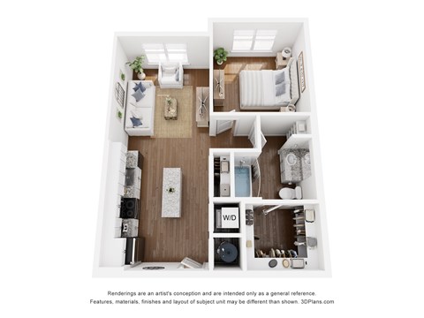 A 3D floor plan of a small apartment with a kitchen, living room, and bathroom.